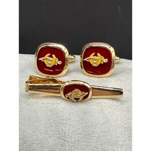 Vintage Masonic Cufflinks Tie Clip Gold Tone Red Enamel